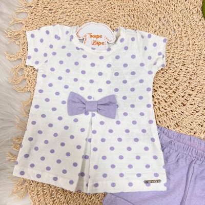 Conj. Blusa Bolinhas com Laço e Short - Lilás e Branco